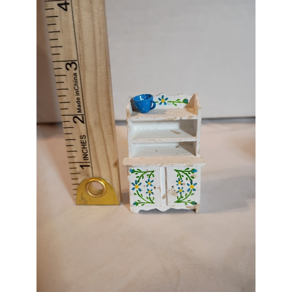 Vintage Miniature Wooden Hutch and Blue Speckled Teacup Dollhouse Furniture Set